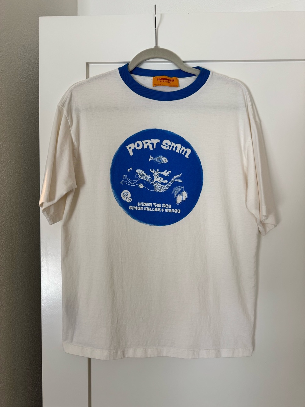 Simon Miller Mango White T-Shirt with Blue Graphic Ringer Size S